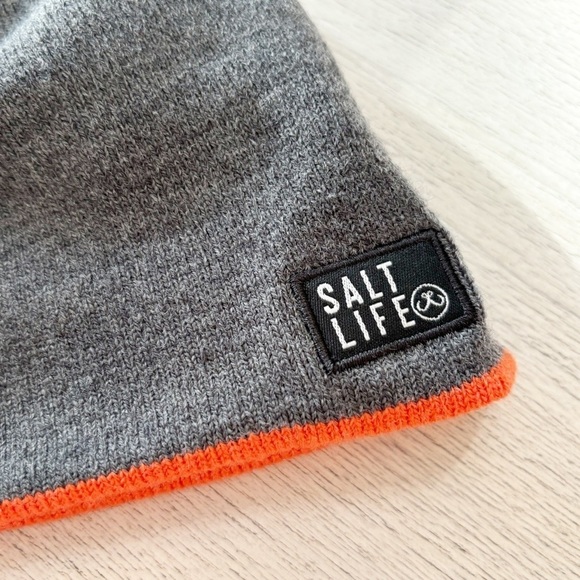 SALT LIFE Gray Orange Knit Beanie Winter Hat Logo Stretch Acrylic OS - Picture 2 of 6